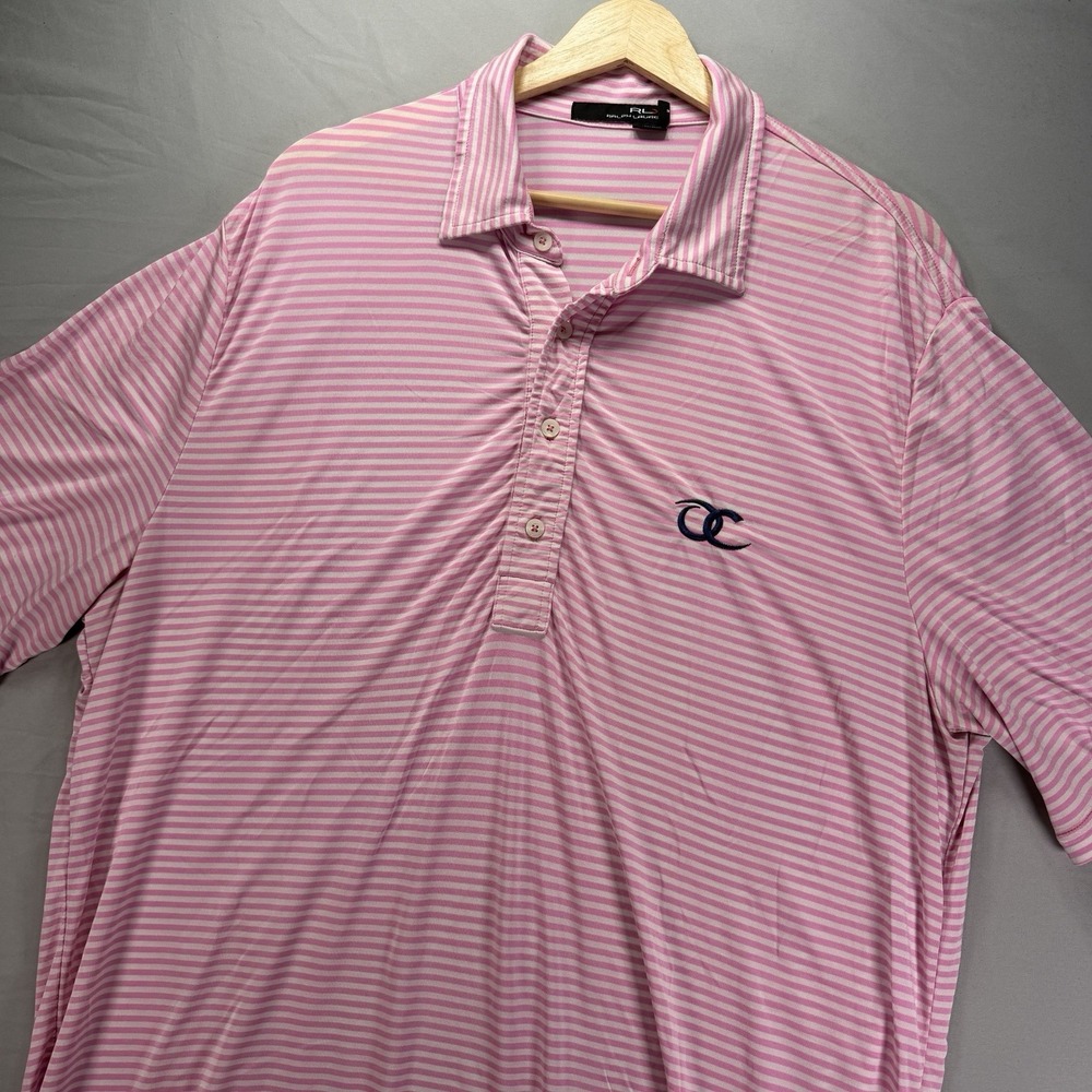 RLX Ralph Lauren Polo Shirt Mens Large Pink White Striped Polo Performance